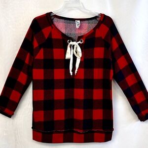 Brenda’s red and black buffalo plaid shirt with a lace-up neckline detail / XL